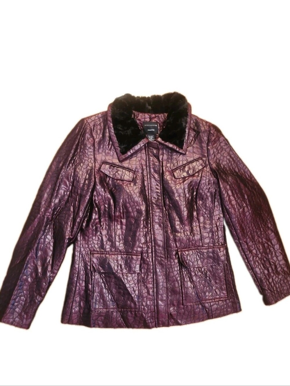 Doncaster Sz 12 Plum Snake Print Plush Faux Black Fur Collar Jacket Full Zip